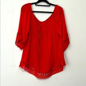 🌞 Elegant Red frilly loose fit blouse with a crochet lace trim women L
